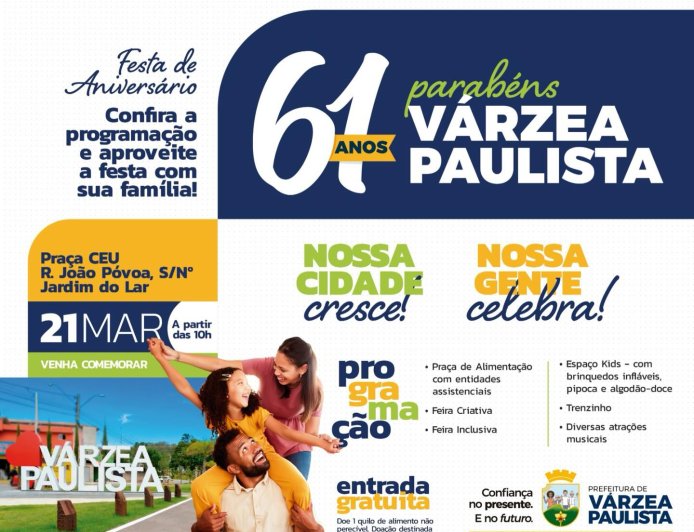 Festa de 61 anos de Várzea Paulista reunirá atrações culturais para toda a família