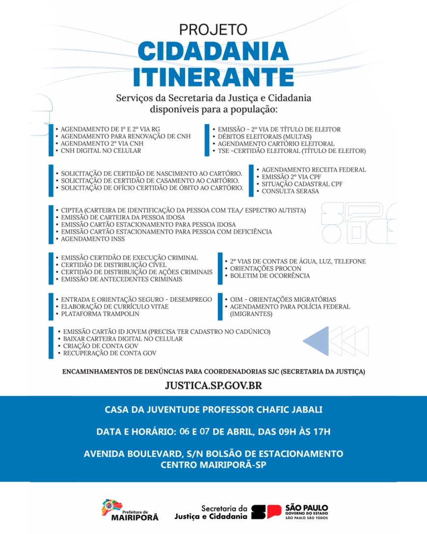 ATENÇÃO: nova data do Cidadania Itinerante em Mairiporã!