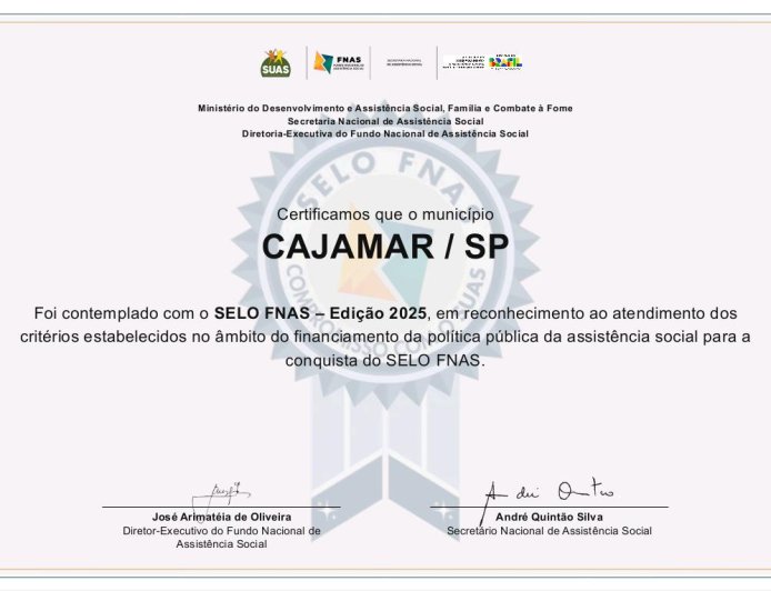 Cajamar recebe Selo FNAS 2025 por excelência na gestão da Assistência Social