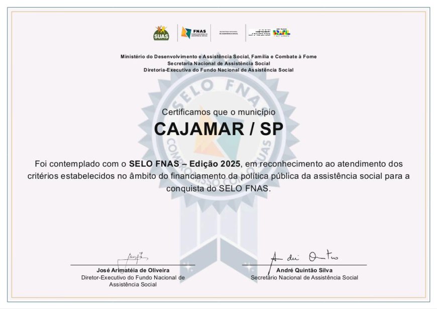 Cajamar recebe Selo FNAS 2025 por excelência na gestão da Assistência Social