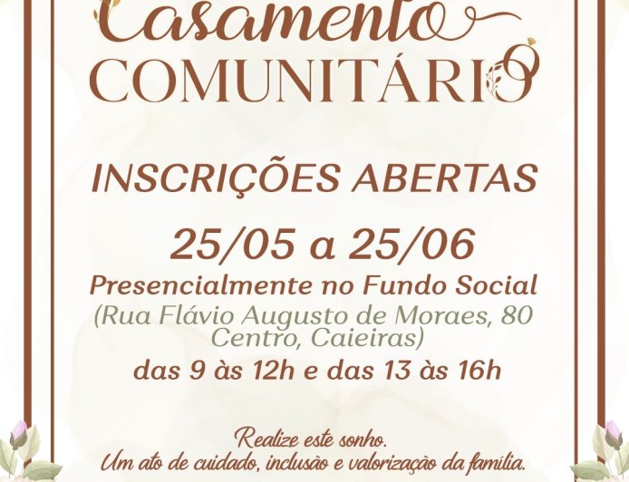 Inscrições abertas para o Casamento Comunitário 2026 em Caieiras