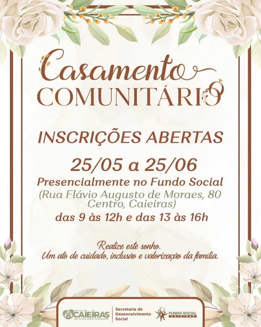 Inscrições abertas para o Casamento Comunitário 2026 em Caieiras