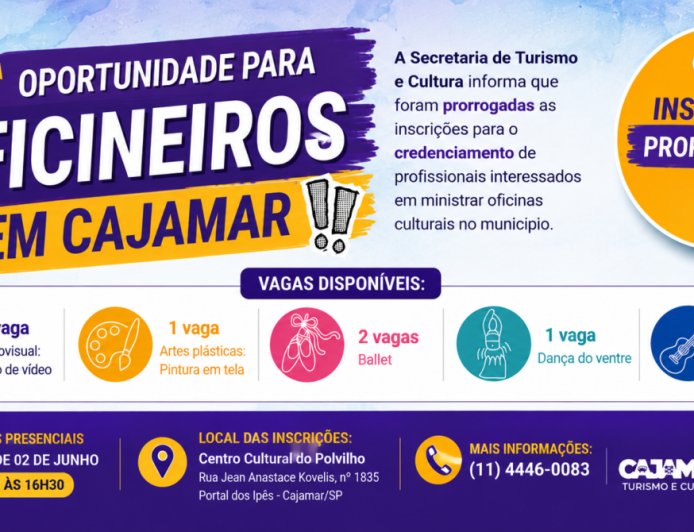 Oportunidade para oficineiros: Cajamar prorroga inscrições para credenciamento em diversas modalidades