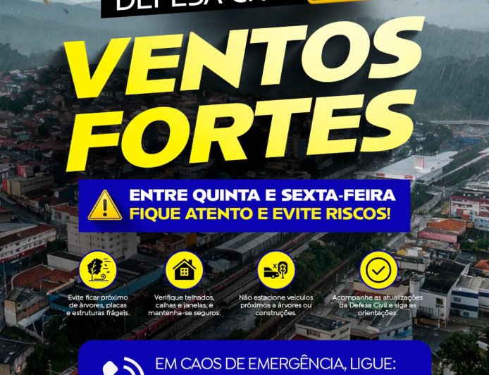 Defesa Civil alerta para rajadas de vento e orienta população de Franco da Rocha