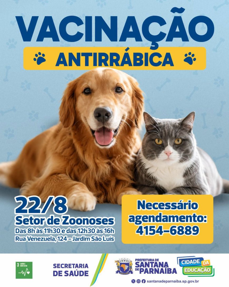 Santana de Parnaíba promove vacinação antirrábica para cães e gatos no dia 22 de agosto