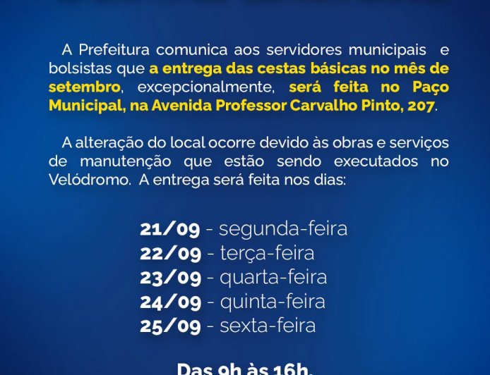 Prefeitura altera local de entrega das cestas básicas aos servidores municipais em setembro