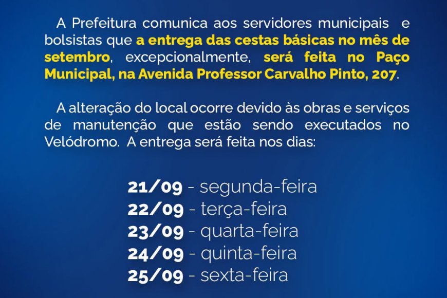 Prefeitura altera local de entrega das cestas básicas aos servidores municipais em setembro