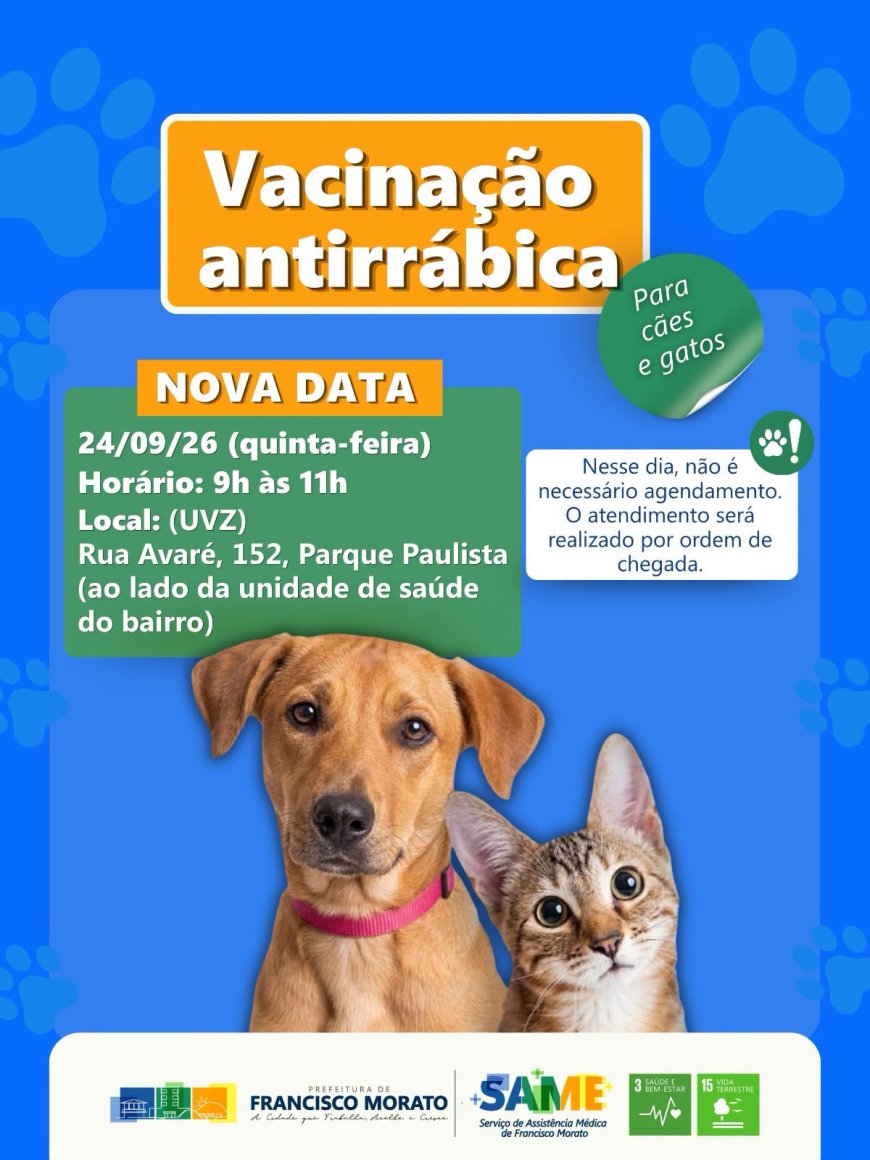 Francisco Morato realiza vacinação antirrábica para cães e gatos nesta quinta-feira