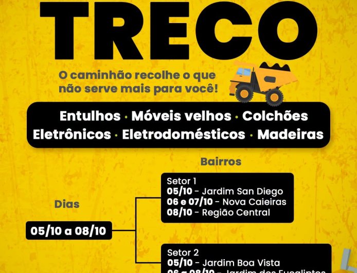 Cata-Treco atende bairros de Caieiras entre os dias 5 e 8 de outubro