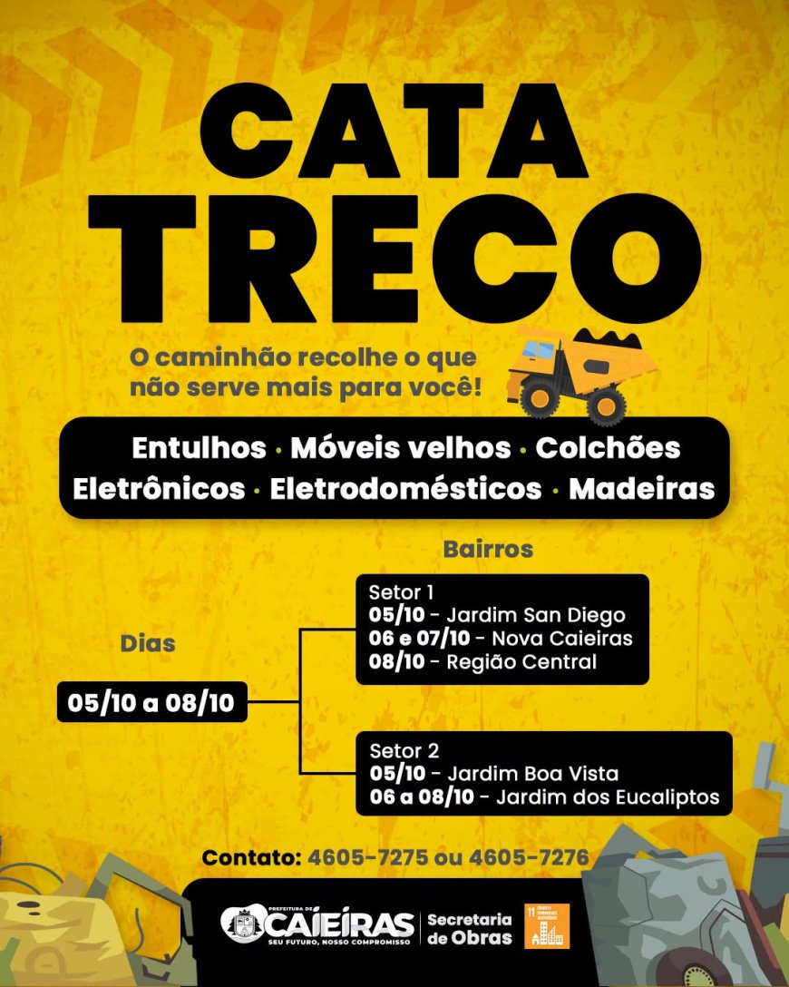 Cata-Treco atende bairros de Caieiras entre os dias 5 e 8 de outubro